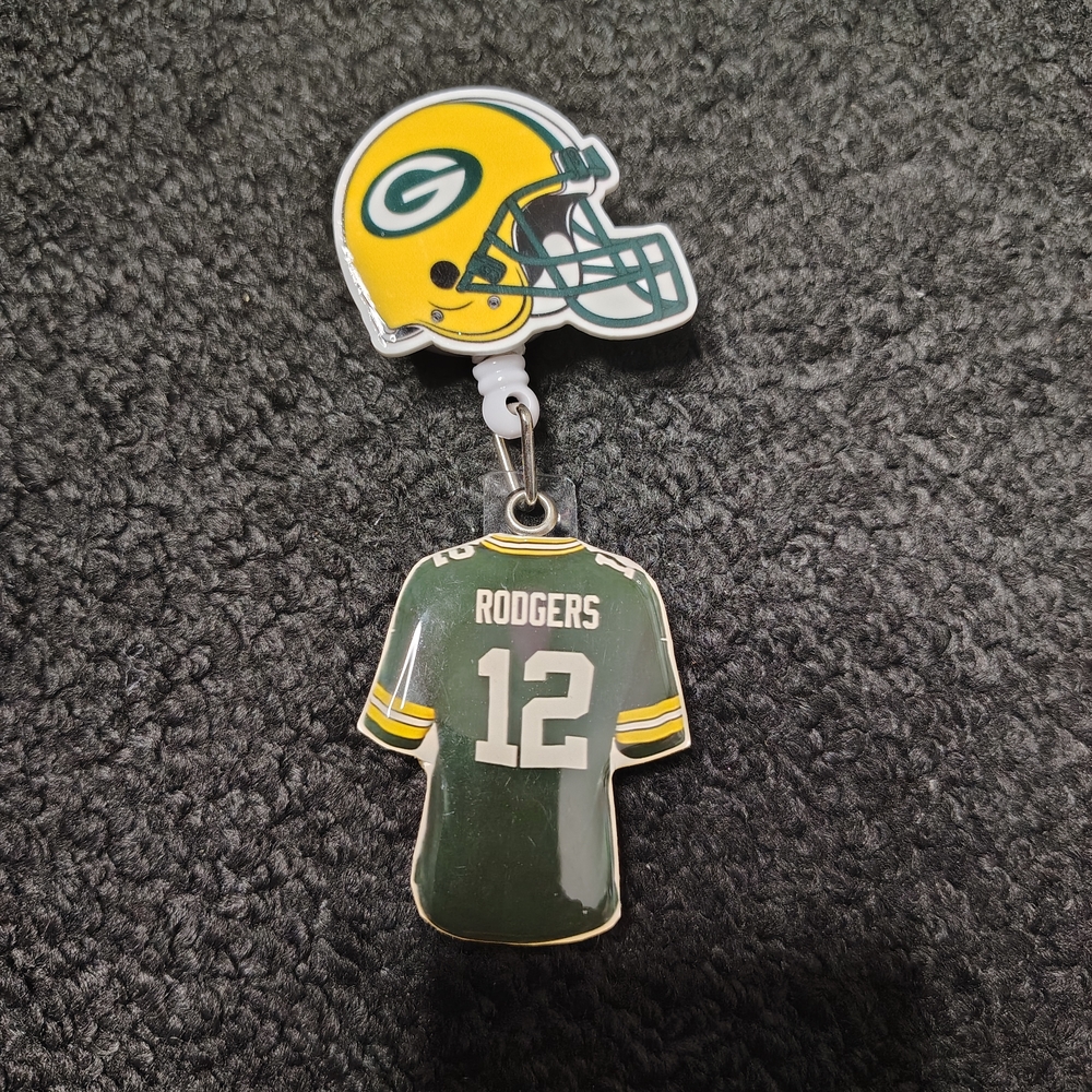 Green Bay Packers Aaron Rodgers Football Acrylic Badge Reel Retractable Id New